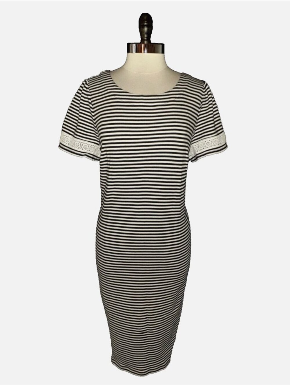 Talbots Plus. 2X. Black & White Striped Midi Dress with Lace Trim cotton stretch